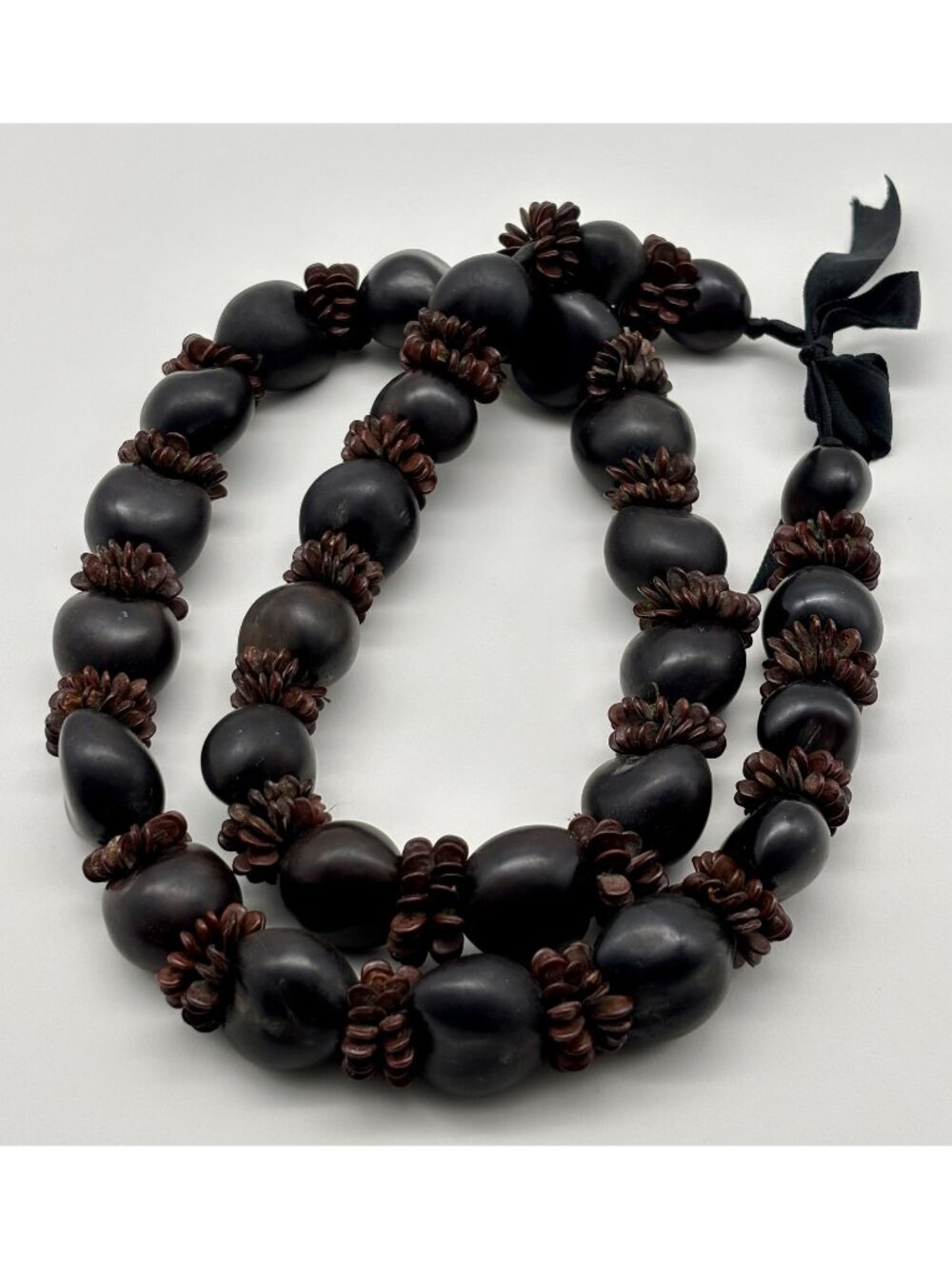 Vintage Hawaiian Lei Kukui Nut And Seeds Necklace With Ribbon Closure, Hand-Made